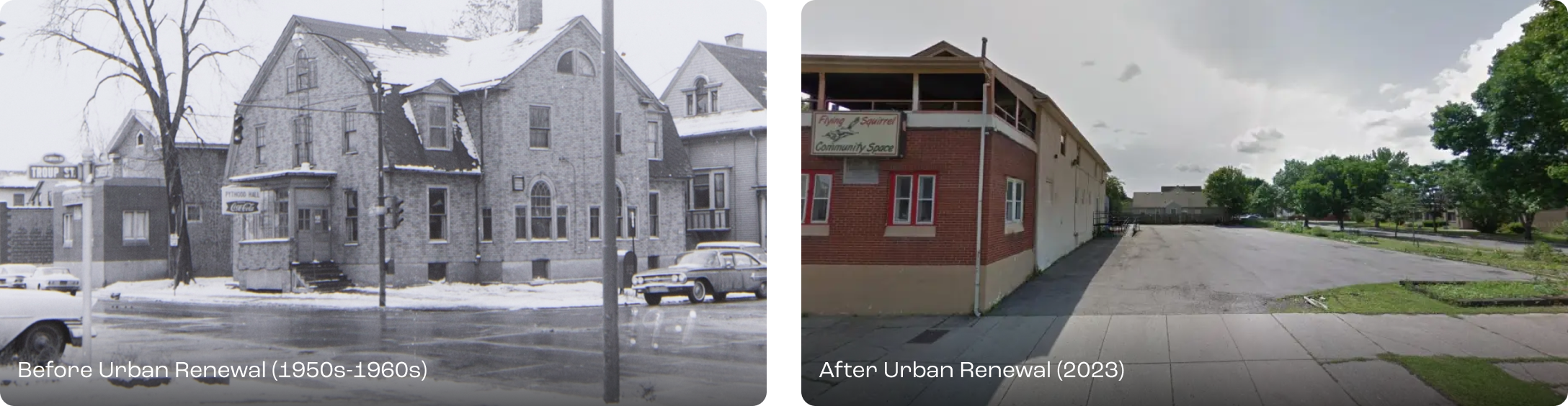 Before and after comparison showing urban renewal impact on Clarissa Street from 1950s-1960s to 2023