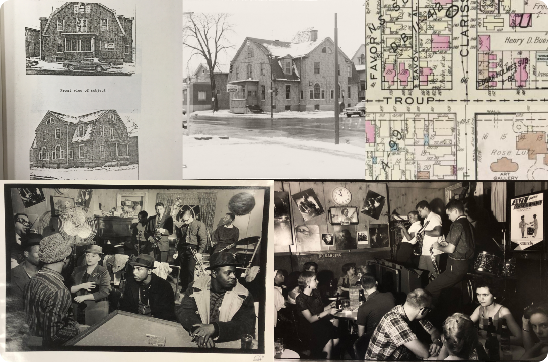 Historical documentation including architectural drawings, maps, and vintage photographs of jazz clubs