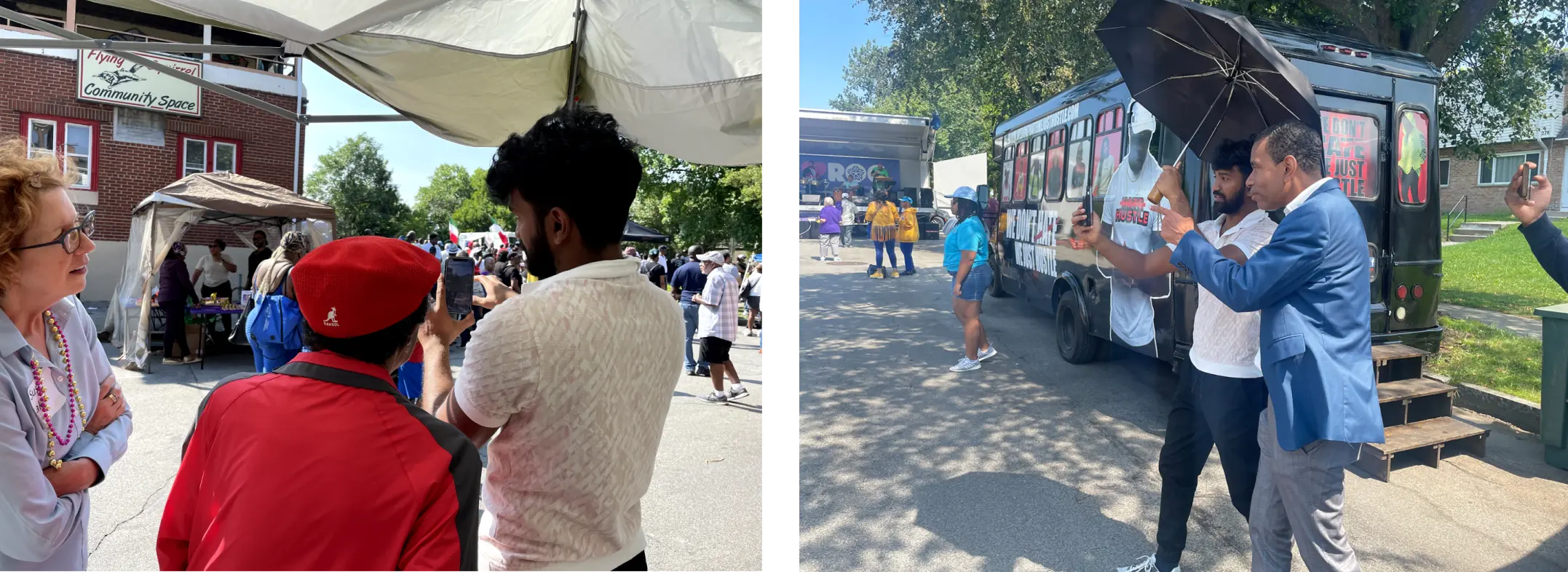 Multiple instances of sunlight glare affecting AR prototype visibility at outdoor reunion