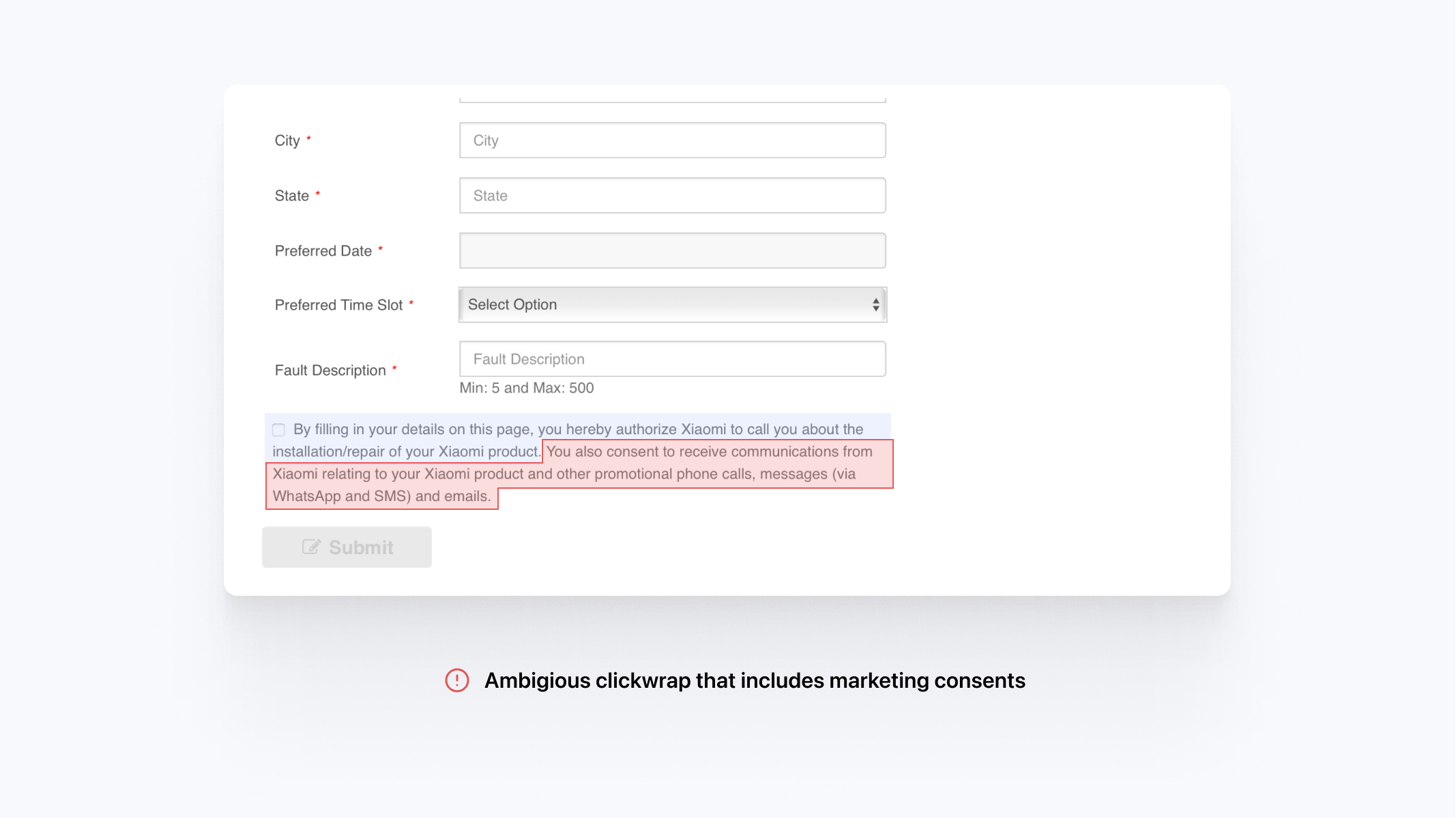 Xiaomi service form showing marketing consent issues in clickwrap