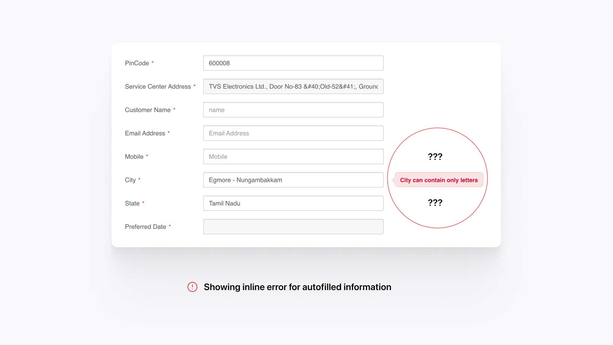 Xiaomi service form showing validation errors for autofilled fields