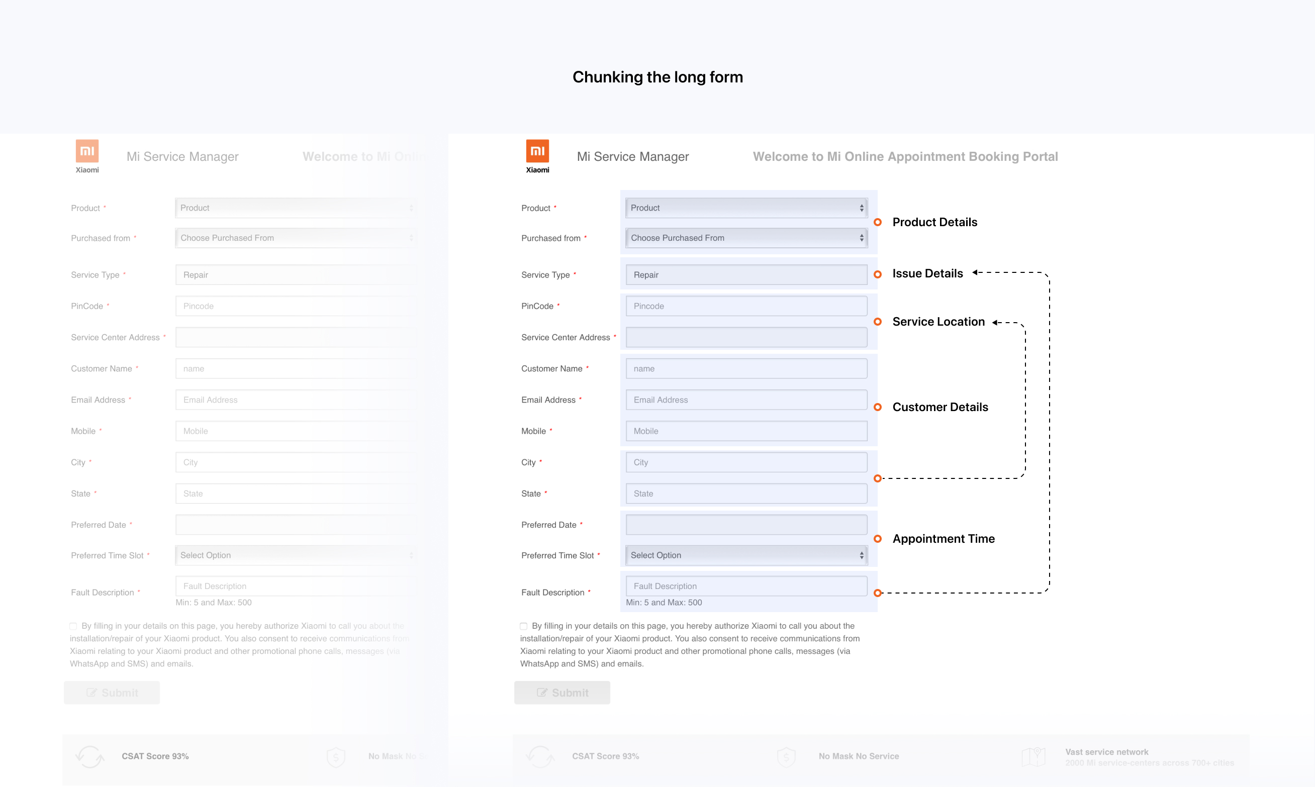 Chunking the long form - before and after comparison showing how the booking form was reorganized into logical sections
