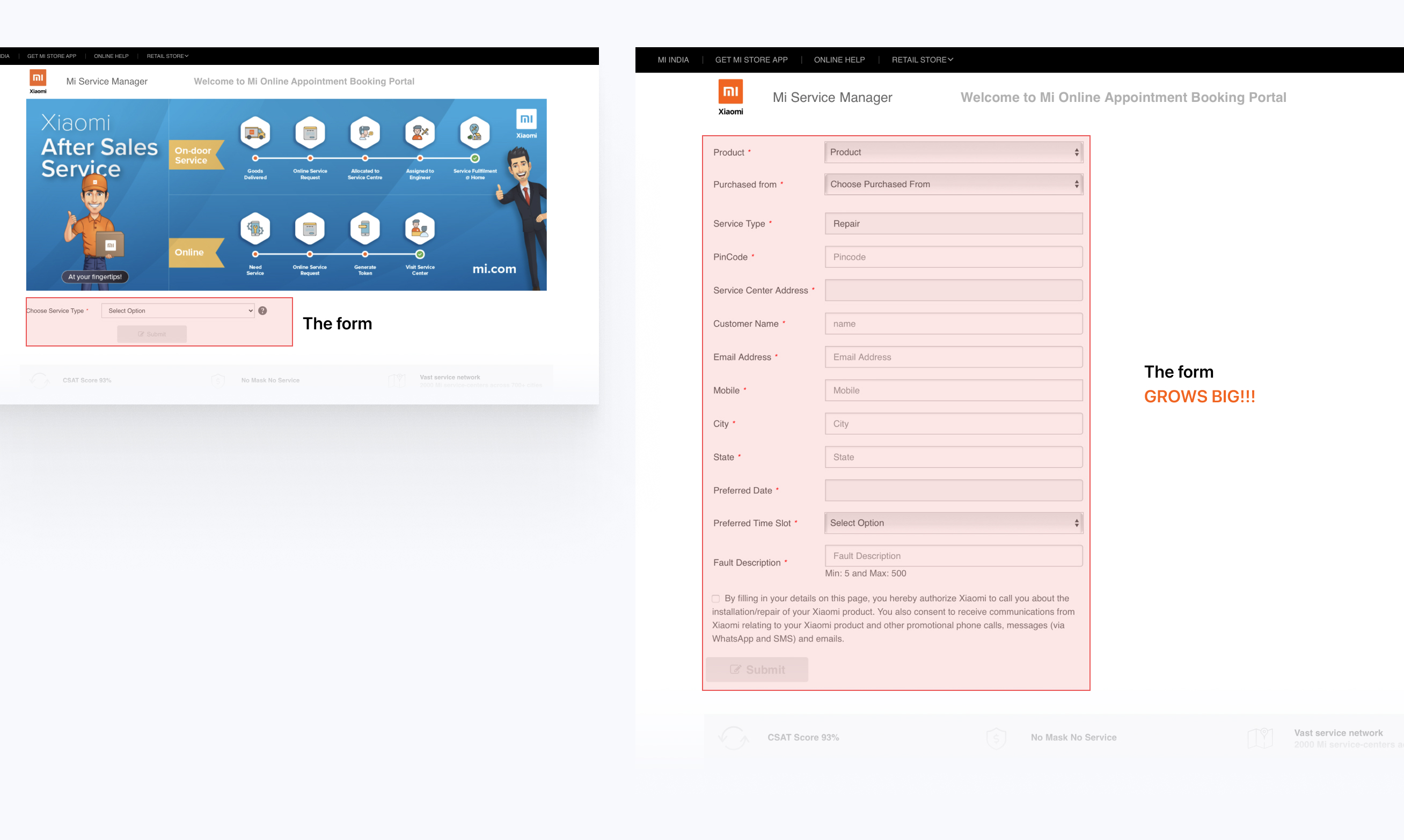 Chunking the long form - before and after comparison showing how the booking form was reorganized into logical sections